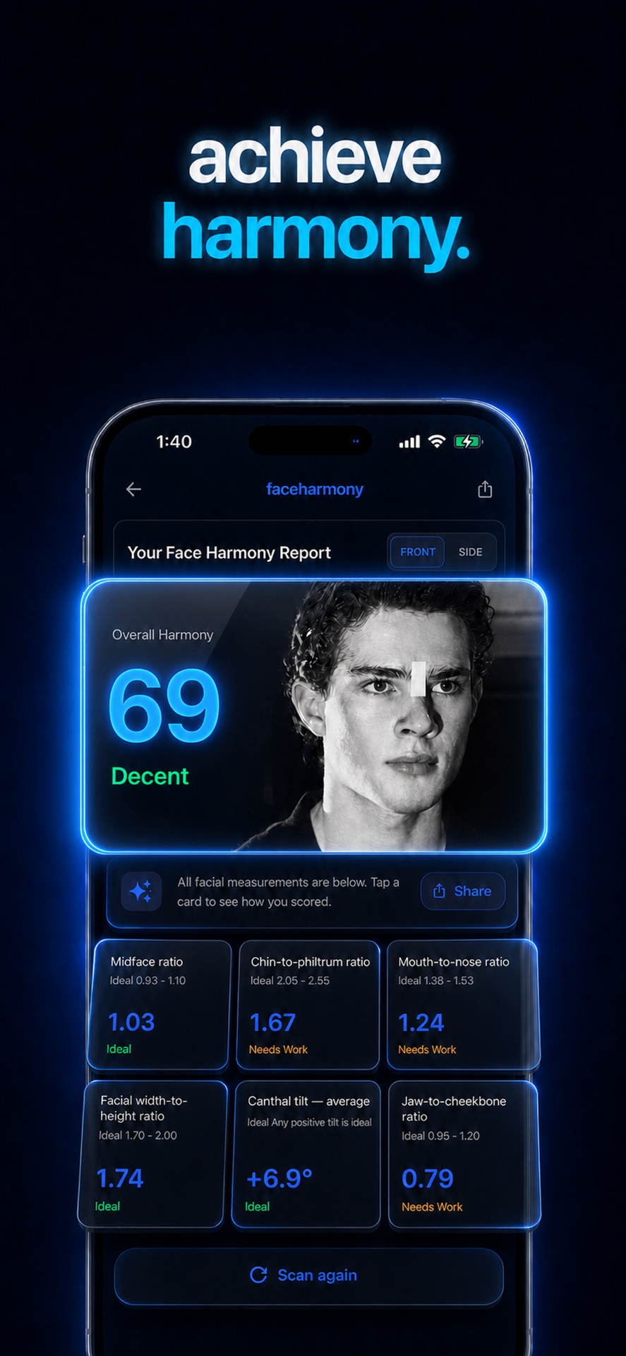 Achieve harmony — detailed facial harmony report